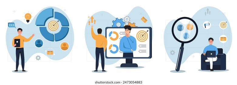 Establecer ilustraciones del impacto de las herramientas de marketing en la audiencia. Los personajes usan targeting, email marketing y analizan los resultados. Aumento de Clientes e ingresos. Vector.