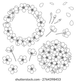 Set of illustrations including cherry blossom frames drawn with delicate lines on a white background