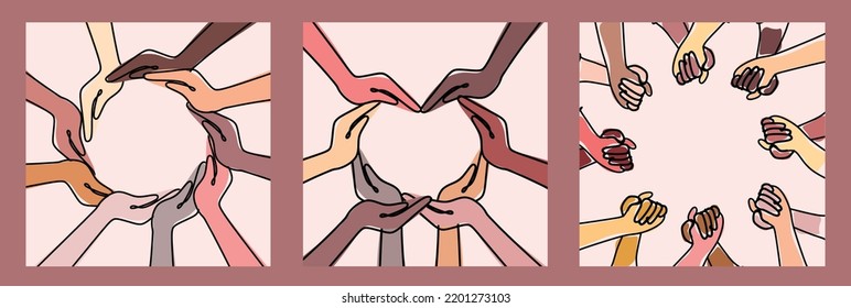 Set of illustrations of inclusion, equality and diversity. Multiethnic hands form a circle, heart