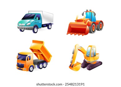 Set of illustrations of industrial construction machines, truck van, bulldozer, excavator, dump truck, realistic in 3d style.