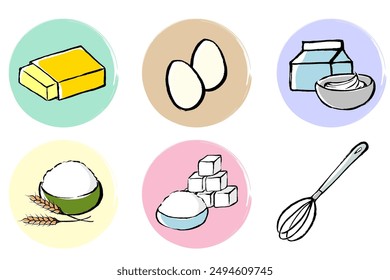 Set of illustrations of ingredients for making pastries with a touch of brush