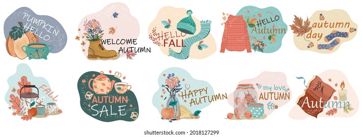 
A set of illustrations with inscriptions on the theme of autumn. Set of cute icons and stickers in flat style. Vector illustration, texture with scuffs.