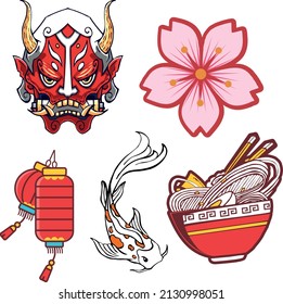 Set Illustrations inspirado en la cultura asiática.Compuesto por una máscara oni, un pez koi, una lámpara japonesa, una flor sakura y un tazón de ramen.