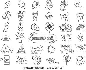 A set of illustrations inspired by early summer and summer events and plants such as the sea, sunflowers, and hydrangeas.It is a line drawing illustration. The text means festival.