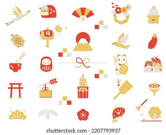 A set of illustrations inspired by Japanese New Year. The text means good fortune.