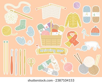 A set of illustrations inspired by knitting. This is the type with a white border.