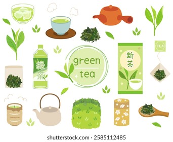 A set of illustrations inspired by teas such as new tea, green tea, and sencha.The text on the plastic bottle reads "Ryokucha" in Japanese. The packaging says "Shincha".