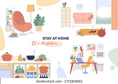 A set of illustrations of interior details and household items. Home furniture and accessories