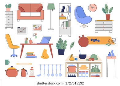 A set of illustrations of interior details and household items. Home furniture and accessories. Illustrations with editable stroke