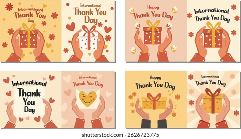 Set of illustrations for International Thank You Day. Features graphic designs with hands holding gift boxes and a card. Decorated with hearts and stylized flowers in a flat illustration style using a
