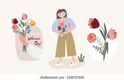 set of illustrations for international womens day with young women and flowers, vector