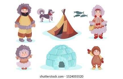 Conjunto De Ilustraciones Con Elementos De Cultura Inuit Aislados En Fondo Blanco