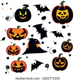 Set of illustrations isolated. Halloween. Pumpkins, bats. scary pattern. Jack