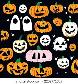 Set of illustrations isolated. Halloween. Pumpkins, bats. scary pattern. Jack