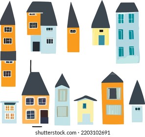 Set of illustrations isolated. Houses and buildings. flat design. district of the city