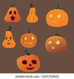 Set of illustrations with jack-o-lantern pumpkins. Vector illustration