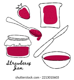 Set of illustrations with jam in doodle style isolated on white background