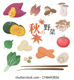 Set of illustrations of Japanese autumn vegetables such as sweet potatoes and mushrooms.
Japanese means autumn vegetables