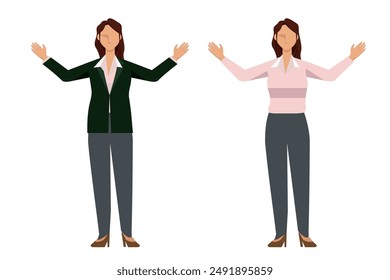A set of illustrations of a Japanese female businesswoman with a 8-head-body ratio in a flat design, raising both hands.