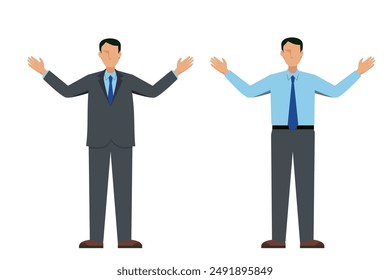 A set of illustrations of a Japanese male businessman with a flat design of 8 heads and bodies, raising both hands.
