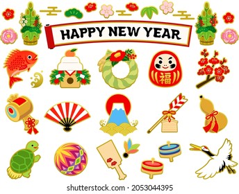 Set of illustrations of Japanese New Year icons with golden edge
The Kanji drawn on Daruma's stomach mean happiness