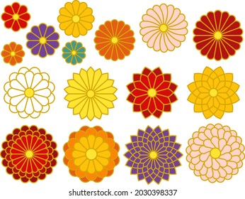 A set of illustrations of Japanese style chrysanthemums with various shapes and gold edges