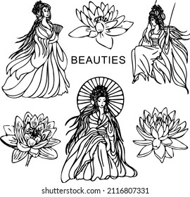 A set of illustrations with Japanese-style girls and lotus flowers.Doodles ,vector,black and white illustration,coloring book for adults and children.