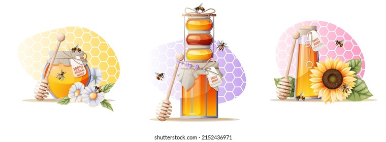 A set of illustrations with a jar of honey, a wooden spoon, bees and flowers on a multi-colored background in the form of a honeycomb