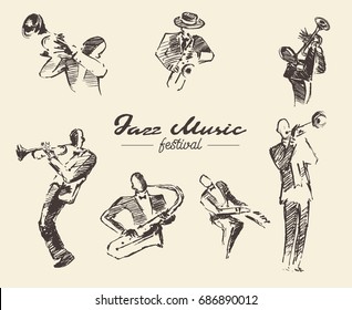 Conjunto de ilustraciones de músicos de jazz, dibujados a mano, boceto