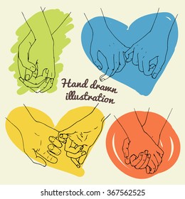 set of illustrations to keep hands a pair of lovers or friends. vector illustration hand drawn