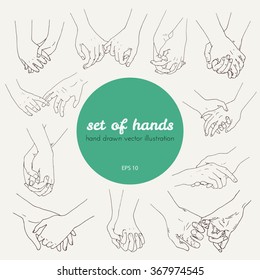 set of illustrations to keep hands a pair of lovers or friends. vector illustration hand drawn