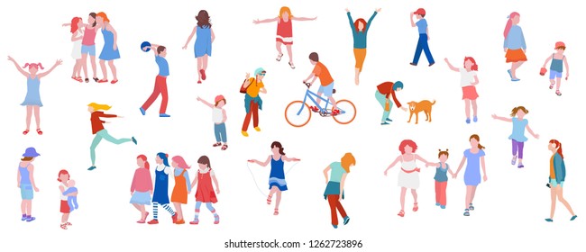  Set of illustrations of kids activity. Children play, chat, walk, run, vector illustration in flat style. 