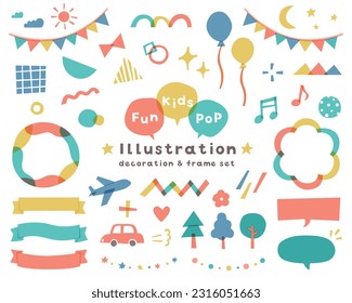 Set of illustrations of kids, children, fun, pop scenes.
There are frames, balloons, decorations, ribbons, garlands, etc.
These illustrations are bright and exciting.