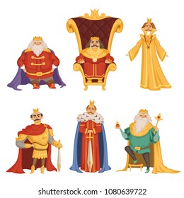 Set illustrations of king in cartoon style