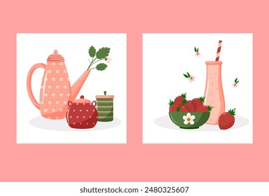 Set of illustrations for the kitchen. Dishes and fresh strawberries. Teapot and sugar bowl. Strawberry smoothie in a bottle. Bowl with fresh strawberries. Vector illustration