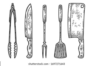 Set of illustrations of kitchenware in engraving style. Kitchen knife, fork, meat cleaver. Design elements for logo, label, sign, poster, t shirt. Vector illustration