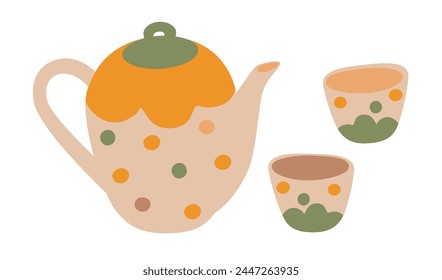 Set of illustrations of kitchenware. Light teapot in polka dots, two mugs. Items that create coziness in the house. Simple, flat
