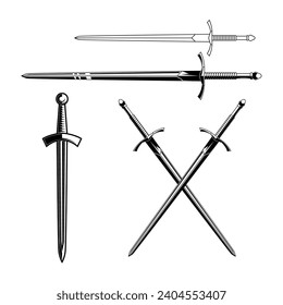 Set of illustrations of knights swords. Design element for emblems, sign, banner. Vector illustration