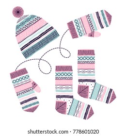 Set of illustrations with a knitted hat, mittens and socks. Freehand drawing. Can be used for scrapbook, postcards, print, etc.