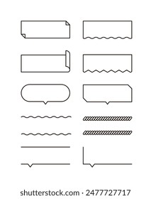 Conjunto de ilustraciones de etiqueta, Anuncio, marco, burbuja de voz, punto, barra y Botón en estilo de línea mínima y plana.