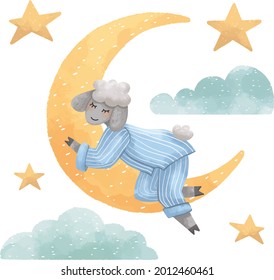 a set of Illustrations of a lamb boy sleeping on the moon next to clouds and stars for children at night for a good sleep
