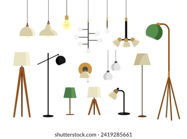 Set of illustrations of lamps, floor lamps, sconces isolated on white background. Vector flat illustration.