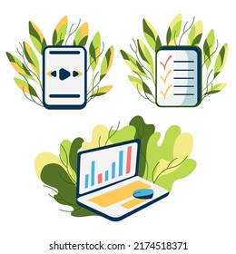 Set of illustrations with laptop, chek-list, and player. Online education. Concept of an online survey, exam note, business contract, research form, time management.