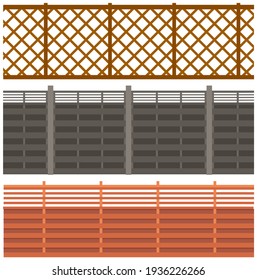 Set of illustrations with large forged fences. Elements of landscape of outdoor territories