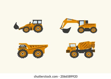 Un conjunto de ilustraciones de los grandes camiones en la carretera. Caricatura infantil vectorial transporte amarillo. Camiones para la entrega de cargas pesadas. Ilustración del vector