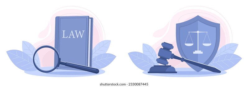 Set of illustrations of law book, magnifying glass, judge's gavel, shield and scales. The concept of law, court, justice, legal services and protection in court. Vector illustration