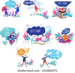 Set of illustrations of learning process, Education and knowledge concept,  distance studying and self education. Summer holidays education, Happy students