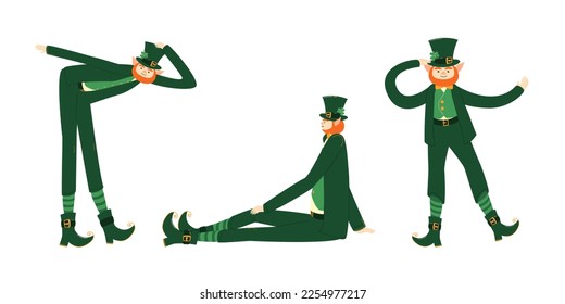 Set of illustrations of a leprechaun in a green suit and hat with long arms and legs, cartoon, flat style