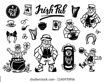 Set of illustrations of the leprechaun. Leprechaun and St. Patrick's day symbols.