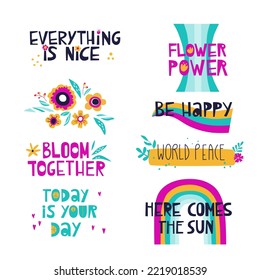 Set of illustrations and lettering in acid colors. Ideal for postcards, invitations, wrapping paper, fabric.